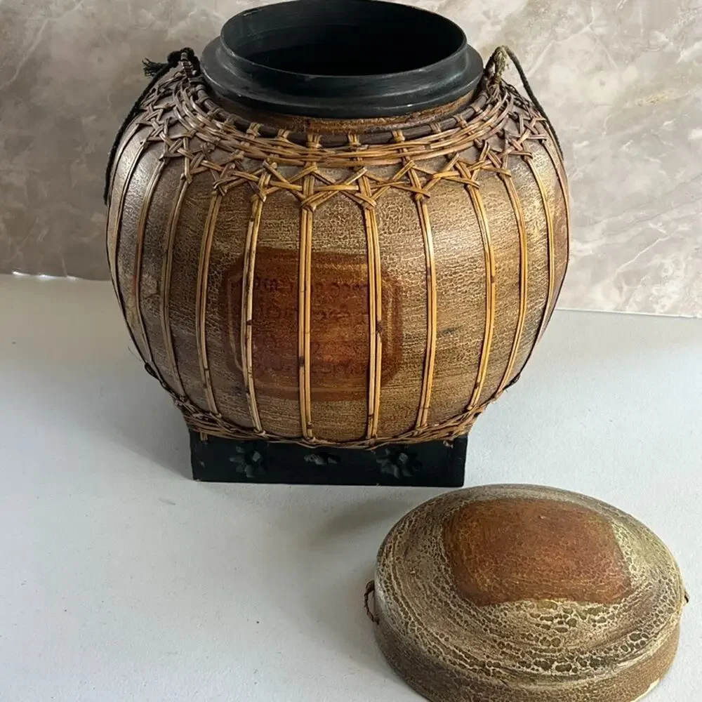 Round Oriental Asian Rice Jar Bamboo Hand Painted